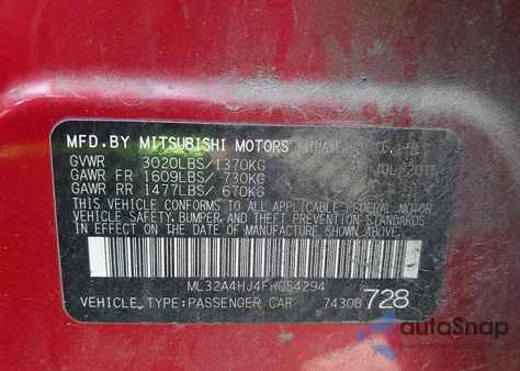 2015 Mitsubishi Mirage Es from USA, damaged, VIN ML32A4HJ4FH054294